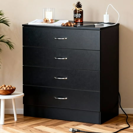 UBesGoo Dresser with 2 Power Outlets & 2 USB  Chest of 4 Drawers  Vanity Dresser with Charging Station  for Bedroom Living Room  Black