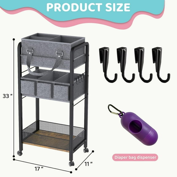 2IN1 Baby Diaper Caddy Organizer - 3 Tier Rolling Storage Cart with Dividers for Nursery Essentials