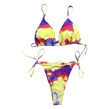 TIERPOP Women Sexy Micro Brazilian Bikini Set Tie-Dye Cinched String Triangle Swimsuit Halter Bra Side Tie Thong Push Up Bathing Suit Beachwear