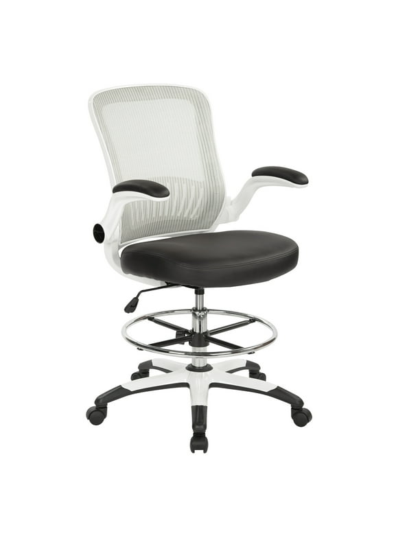 Office Star Products Mesh Back Drafting Chair with Black Faux Leather Seat and Adjustable Footring