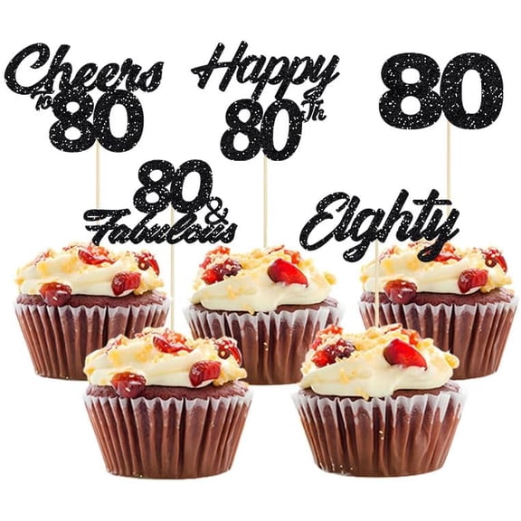 12pcs Black Glitter Happy 80th Birthday Cupcake Toppers Eighty Cheers to 80 Years Old Birthday Food for 80th Wedding Anniversary Party Cake Decorations