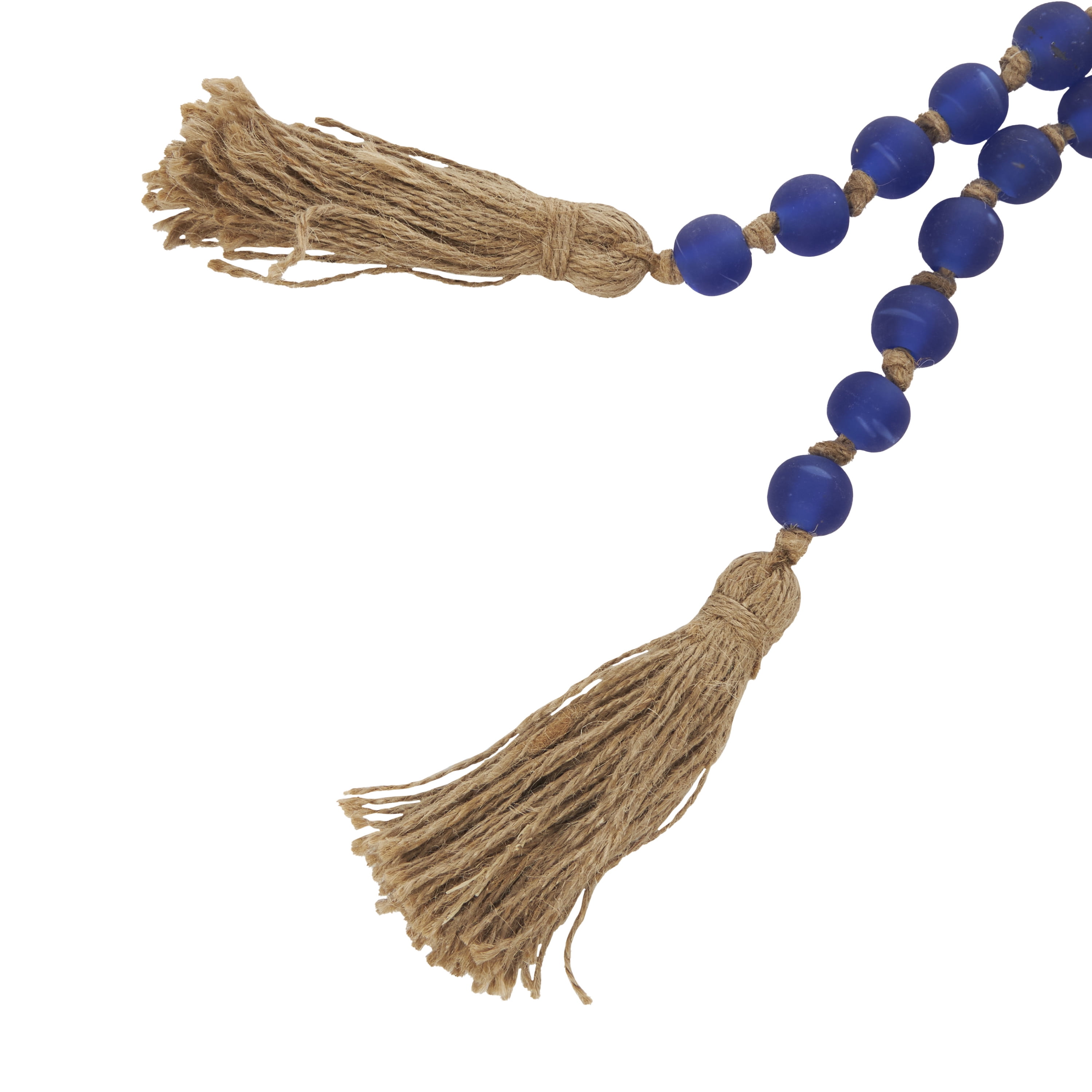 DecMode Handmade Round Long Frosted Beaded Blue Glass Garland with Tassel with Knotted Brown Jute