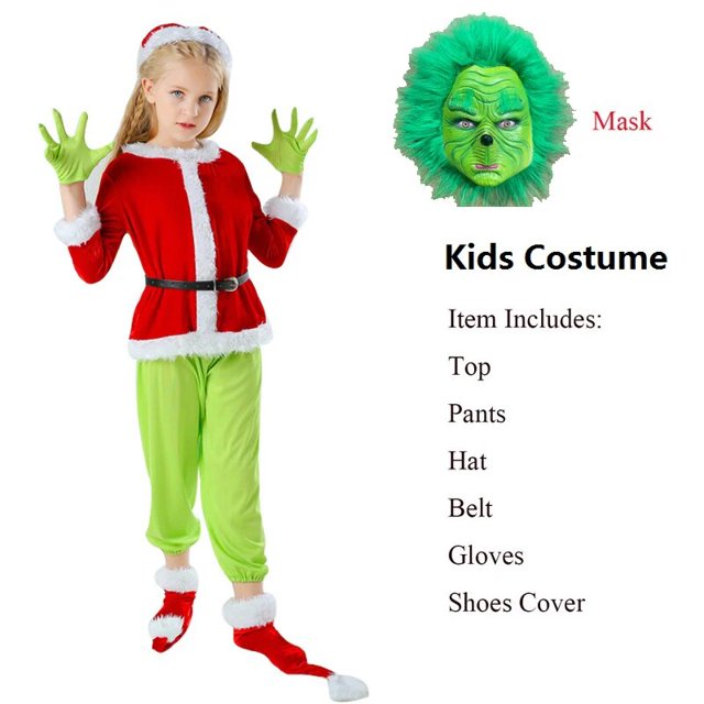 Disfraz de Papá Noel de monstruo grande verde de Navidad para adultos y niños, ropa de fiesta, máscara divertida, guantes, traje de Año Nuevo