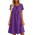 thumbnail image 2 of VBVC Women's Cotton Linen Tie Neck Midi Dress , Ladies' Casual Short Sleeve Shift Dress , Summer Solid Color Tunic Dress For Women, S-2XL, 2 of 8