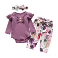 thumbnail image 1 of Infant Baby Girl Clothes Ruffle Long Sleeve Romper and Floral Pants with Headband 3PCS Set (6-9 Months) Purple, 1 of 2