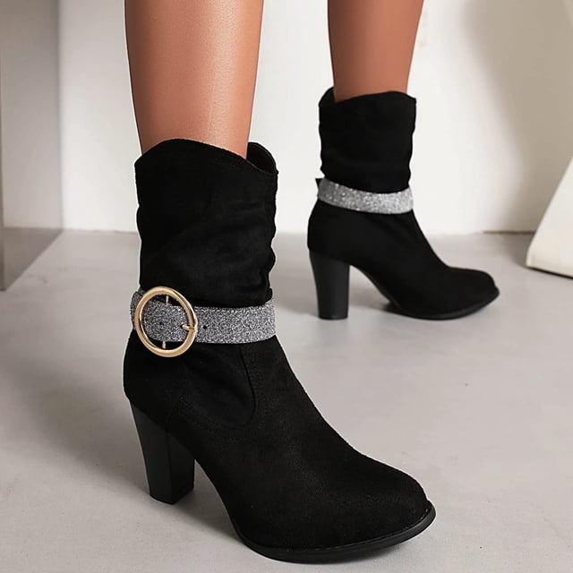 LSLJS Bottes de Mode pour Femmes Femmes Bout Rond High Heel Escarpins Talon Épais Bottes à Talon Moyen, Bottes Mi-Mollet pour Femmes, Bottes pour Femmes
