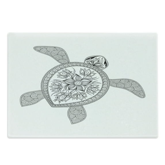 Turtle Cutting Board, Turtle Design Tattoo Style Doodles Floral Ornaments, Decorative Tempered Glass Cutting and Serving Board, Large Size, White Black, by Ambesonne
