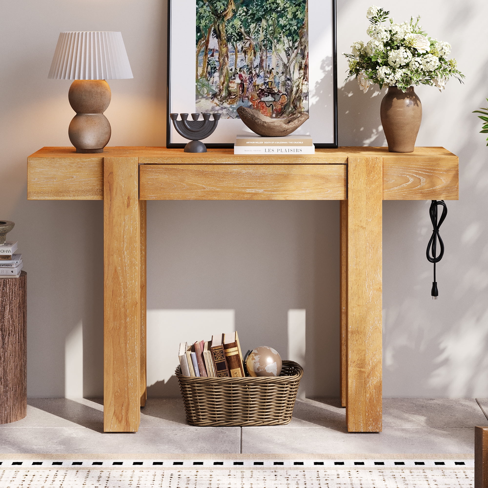 Euroco 47" Rustic Minimalist Console Table with Hidden Drawer & Side Power Outlet, Accent Entryway Table Sofa Table for Hallway Foyer Living Room,Natural