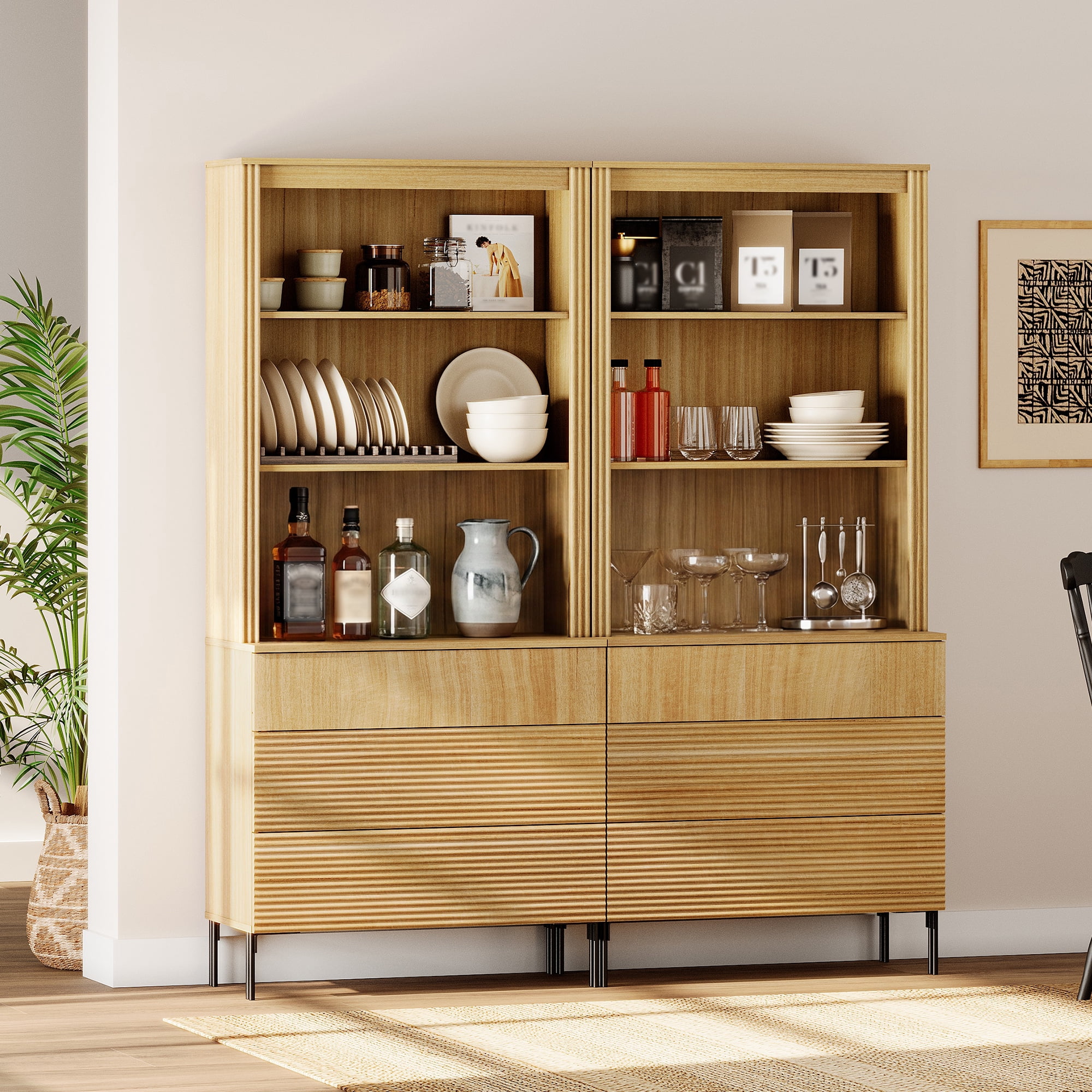 63"W Fluted Kitchen Hutch Sideboard with Adjustable Shelves, Wooden Modern Buffet Hutch Cabinet with 6 Drawers And 6 Tier Shelves