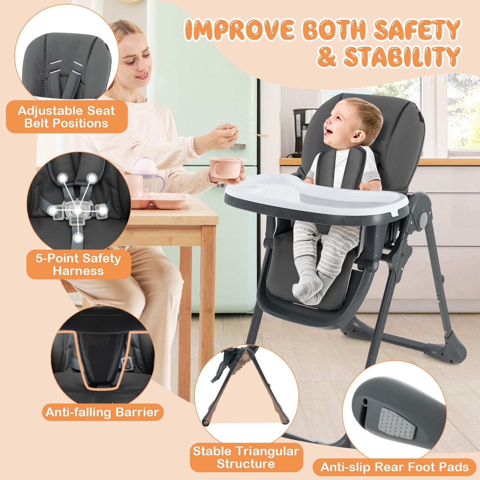Infans Baby High Chair with 7 Height & 3 Footrest Adjustable Cup holder 2 Wheels