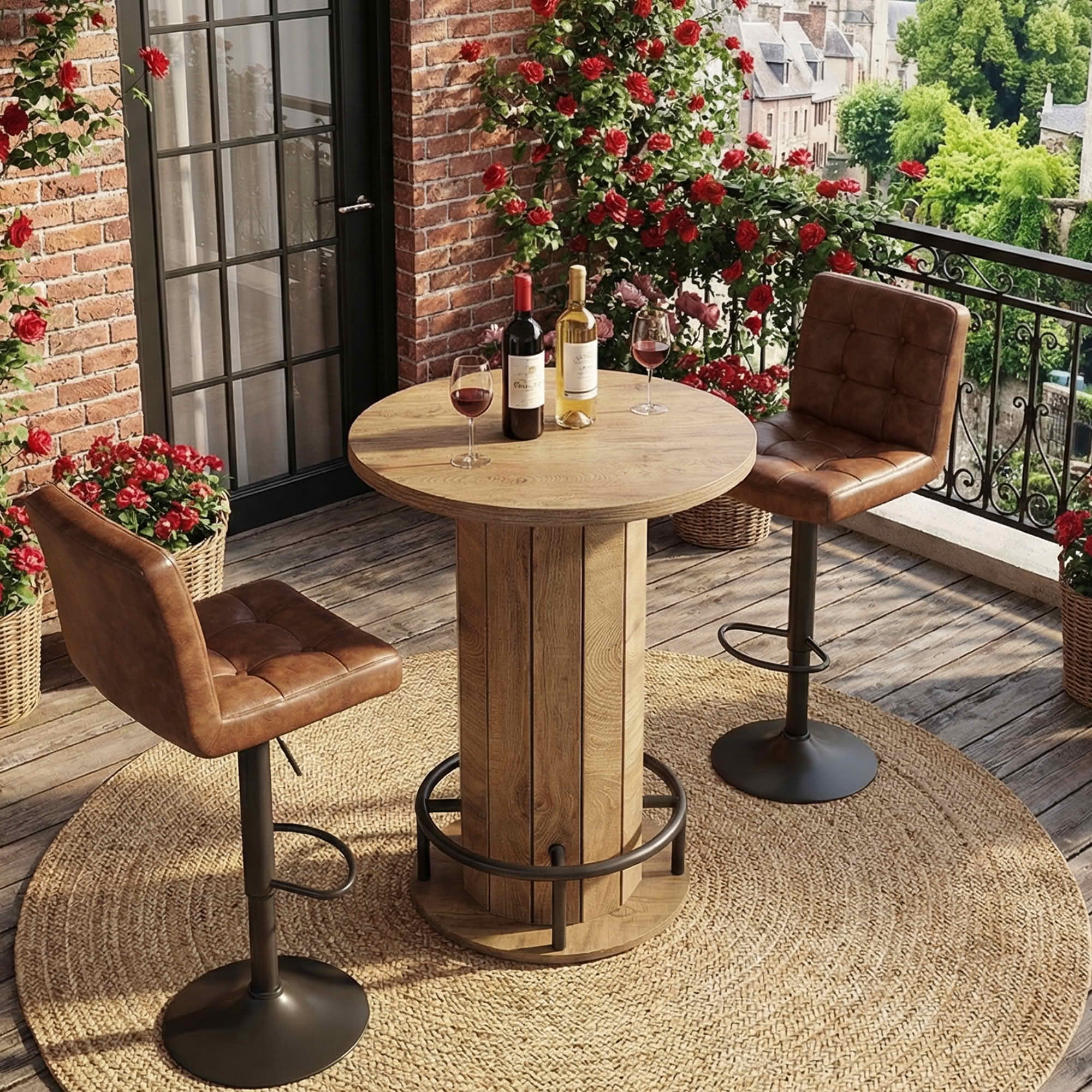 MAYEERTY Industrial-Farmhouse Bar Height Round Bistro Table, Wooden Pub Table with Footrest for Home Kitchen Cafe Apartment