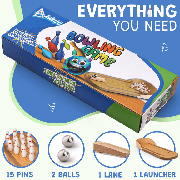 Table Top Mini Bowling Game Set - Wooden Bowling Game with Base, 15 Bowling Pins, Ramp, Steel Ball - Fun Indoor/Outdoor Game for Adults and Kids - Portable Home Bowling Alley Gift Set