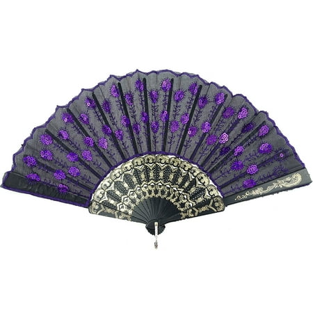 InnoLife® Elegant Colorful Embroidered Flower Peacock Pattern Sequin Fabric Folding Handheld Hand Fan Hand-crafted (Purple)