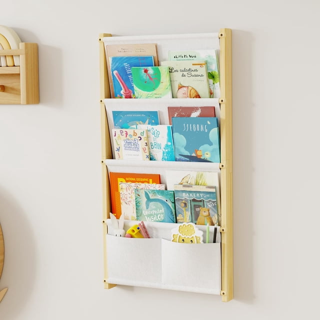 Estantería infantil montada en la pared BPMFDTNL de madera natural de 4 niveles