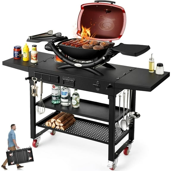Premium 580LBS Portable Outdoor Grill Table 54"Wx17"D Folding Grill Cart BBQ Prep Table