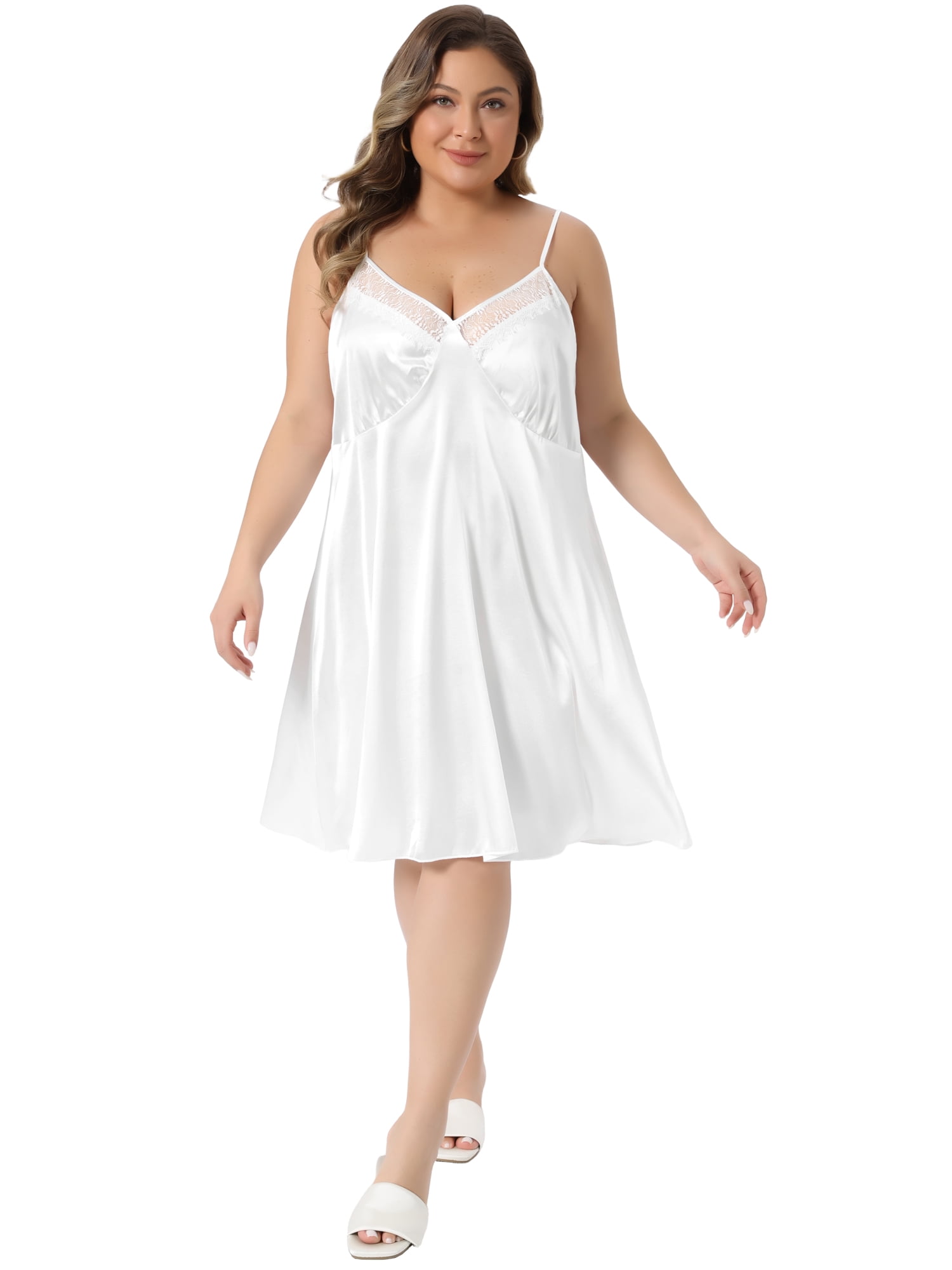 DARING DIVA Women's Plus Casual Satin Sleeveles Lace Trim Nightgown Sleepwear 1X White