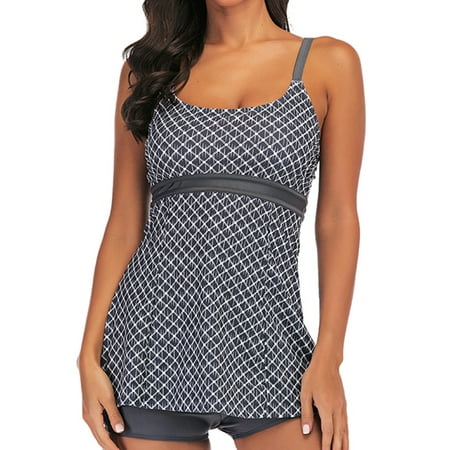 Women Tankini Top Swimwear Plus Size Women Swimdress Two Piece Swimwear Swimsuit Geometric Top Beachwear Grey Tankini Sets Push Up Padded Bra Swimming Costumes Bathing Suit Tummy Control S-XXL ()