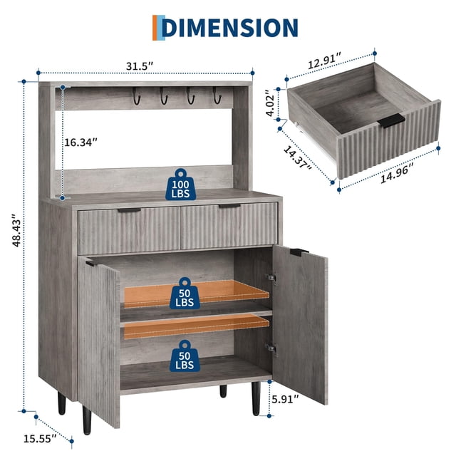 Kojooin Buffet Bahut Cannelé avec Rangement, Armoire de Bar à Café Moderne avec 2 Tiroirs et Tablettes Ajustables