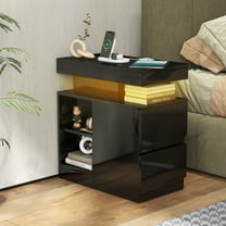 JOIVI LED Nightstand with Charging Station, 2-Drawers High Gloss Bedside Table, Modern End Side Table with LED Lights, Black