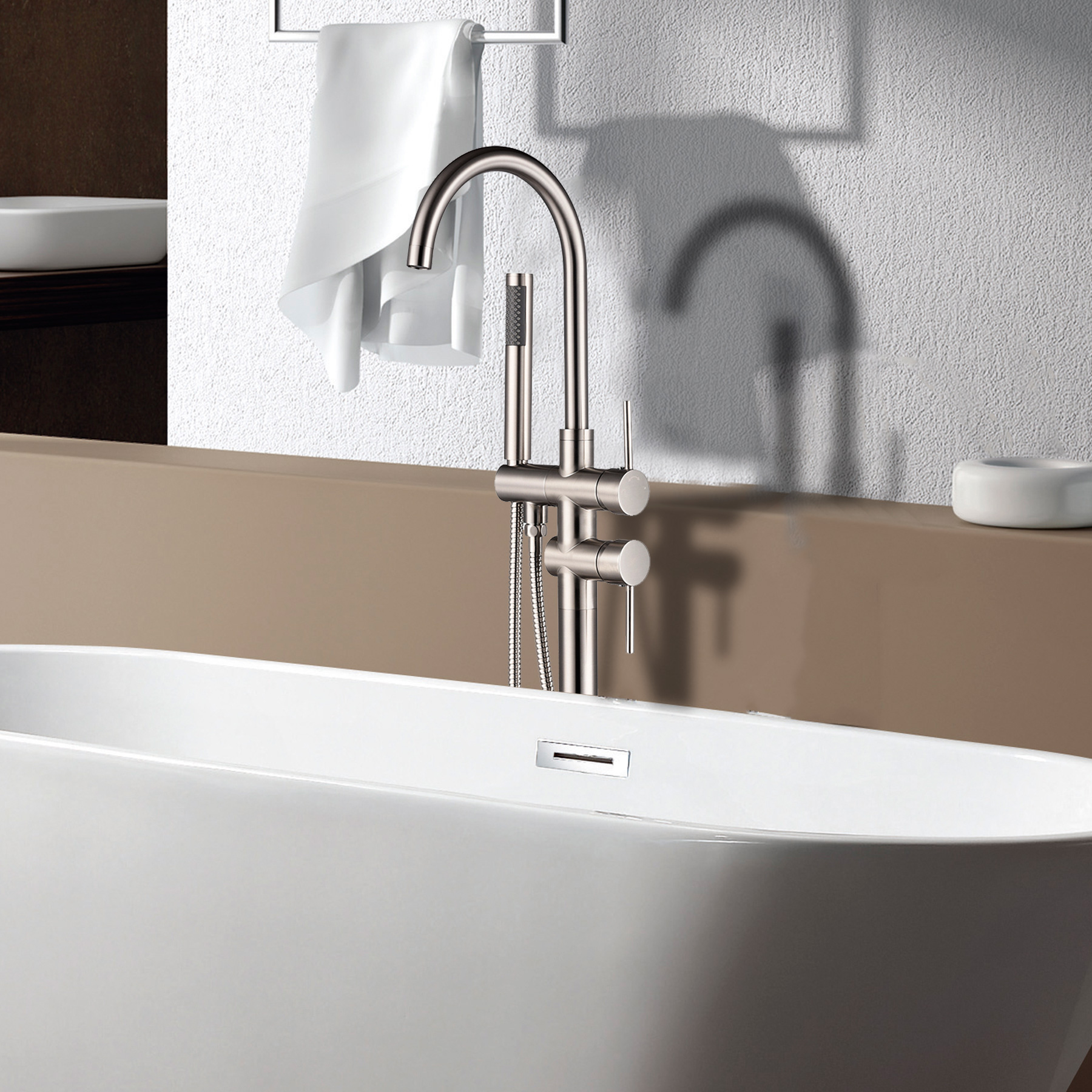 Freestanding Bathtub Faucet Floor Mount Tub Filler Single Handle Stainless Steel Standing Bathtub Tap with Handheld Spray Swivel Right Angle Spout Brushed Nickel