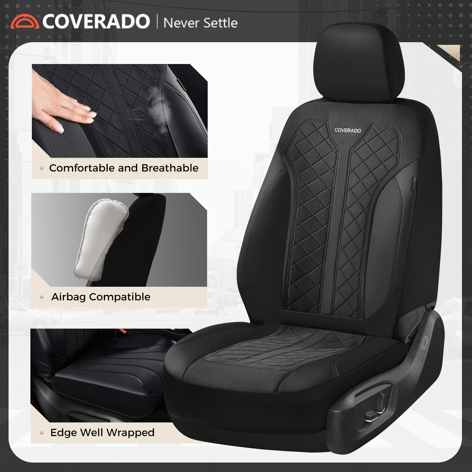 Coverado Car Seat Covers Full Set, Luxury Faux Leather Seat Protectors, Universal Fit for Cars, SUVs, Trucks-Black