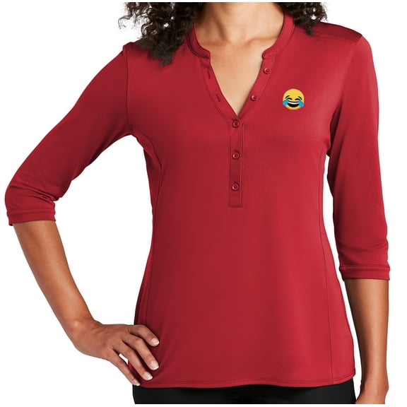 Women's Laughing Tears Emoji LMFAO 5-button 3/4 Sleeve Henley Shirt, Large Rich Red