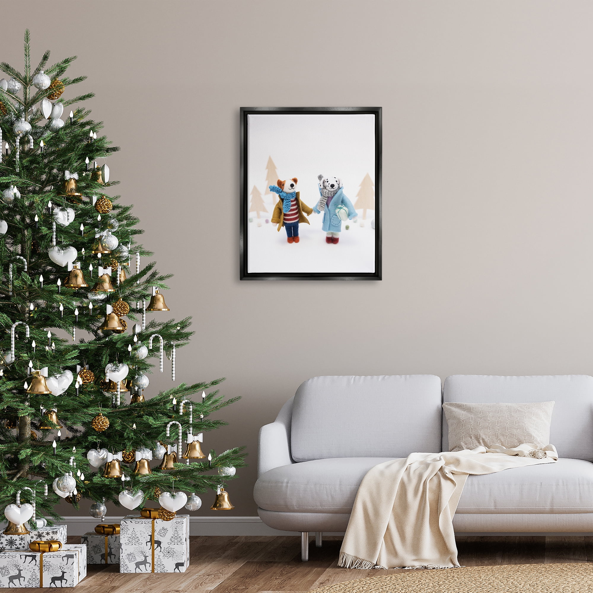 Stupell Industries Winter Holiday Gifts Dog Couple Holiday Photography Black Floater Framed Art Print Wall Art