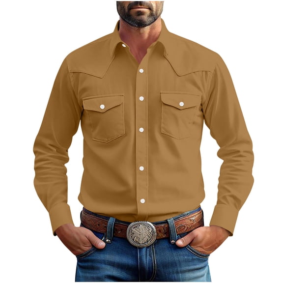 Kukoosong Men's Long Sleeve Western Shirt, Solid Color Button Down Casual Cowboy Shirts with Chest Pockets, Regular Fit Workwear Tops