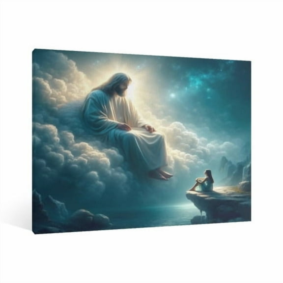 Vintage Jesus and the little girl Canvas Wall Art Paint Framed, Jesus Pictures Canvas Print Posters Wall Decor, Christian Christmas Wall Art Home Decor for Living & Prayer Room Wall Decor Framed