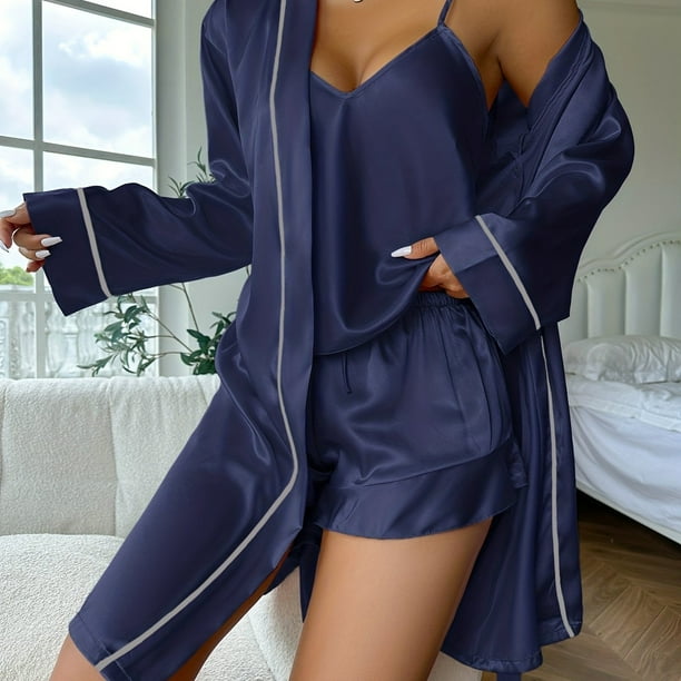 Simple Satin Pajama Set Long Sleeve Robe With Belt V Neck Cami Top Shorts Women s Sleepwear Loungewear Bodega Aurrera en linea