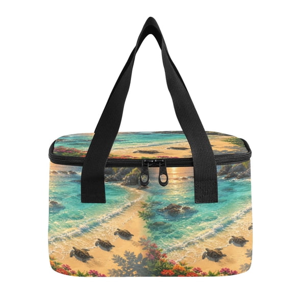 6L Insulated Lunch Bag Square Handheld Cooler Tote Tropical Shore Sunset Turtles Reusable Thermal Bag with Polyester & Aluminum Lining for Work Picnic Travel