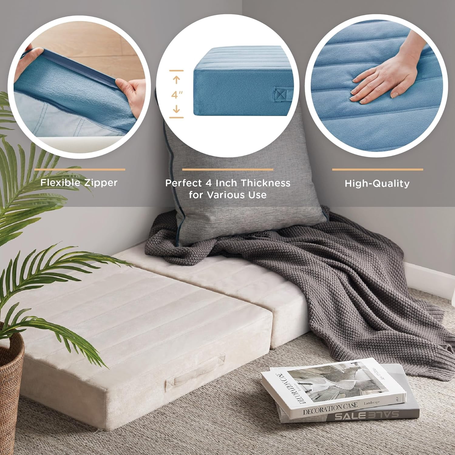 High Density Foam Floor Pillow 2 Sets, Large Meditation Cushions Seating for Adults and Yoga Sitting, 5" Thick Washable Couch Cushion with Soft Tufted Covers - 22 Inch Grey