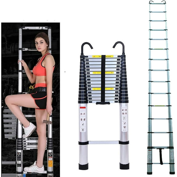 Dayplus 5M Folding Aluminum Telescoping Collapsible Roof Climb Ladder 16.4FT w/ Hook