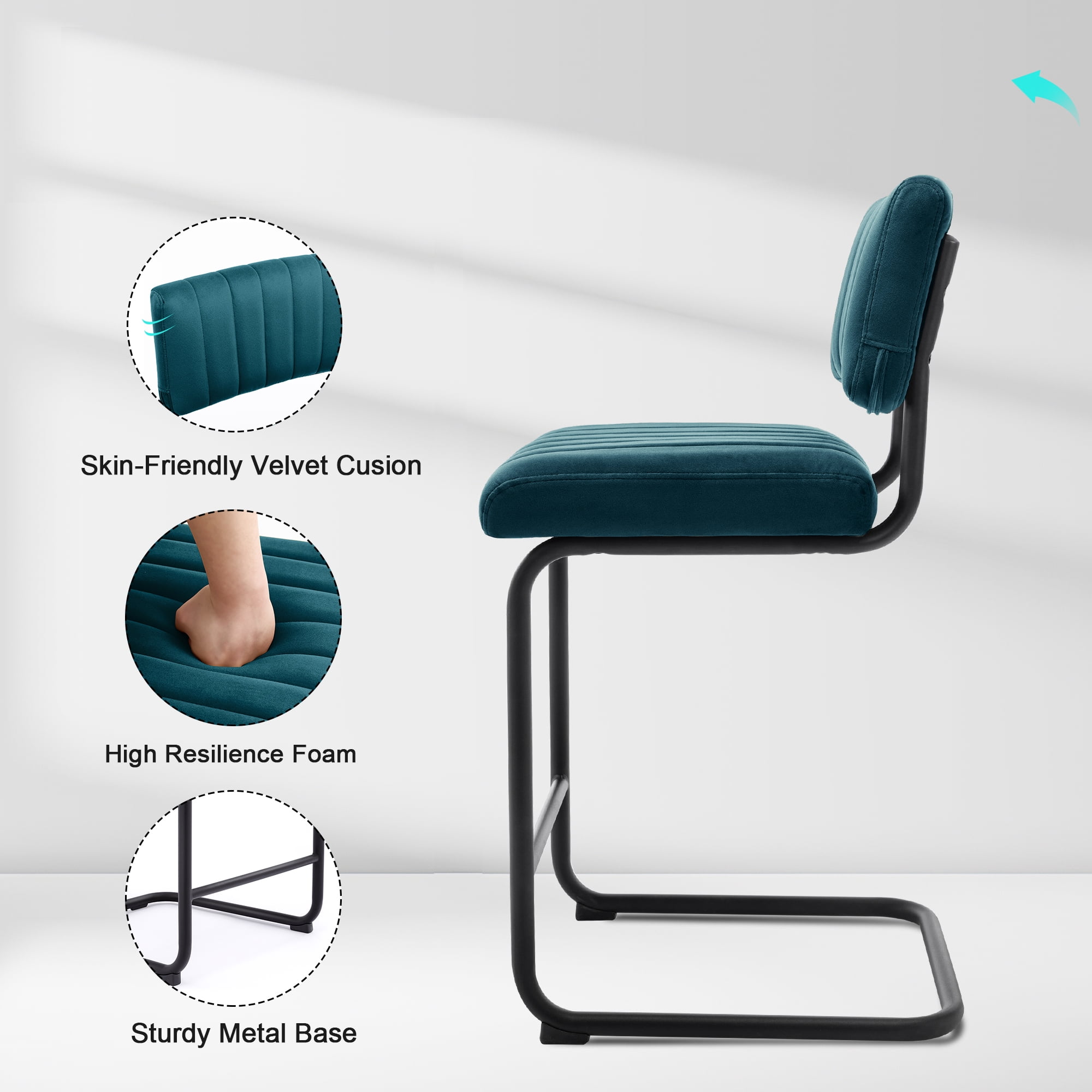 ONEVOG 24"H Counter Height Bar Stools Set of 2, Modern Velvet Upholstered Stool with Black Metal Legs for Kitchen Island, Teal