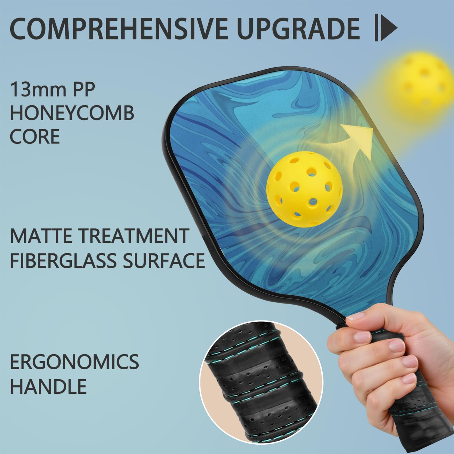 Pickleball Paddles Set Of 1, Fiberglass Surface, Fluid Smoke Aurora Art Style, 1 Paddle, 2 Balls & Bag