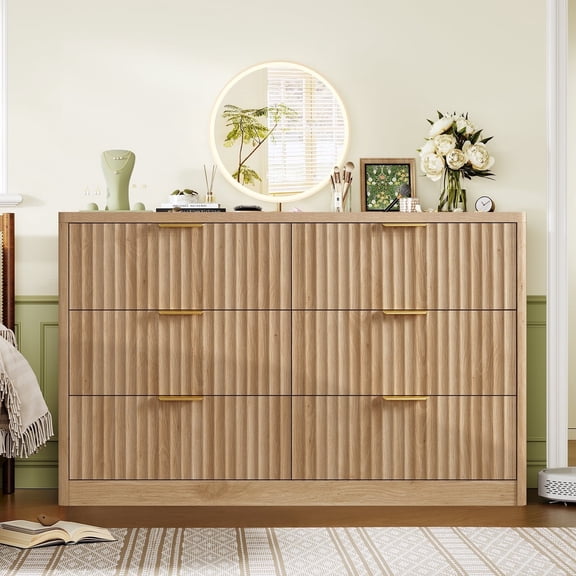 Fluted 6 Drawer Dresser for Bedroom, Wide Modern Chest of Drawers with Metal Handle, Curved Profile Design, Wood Closet Clothes Storage Organizer for Bedroom, Living Room, Hallway, Natural