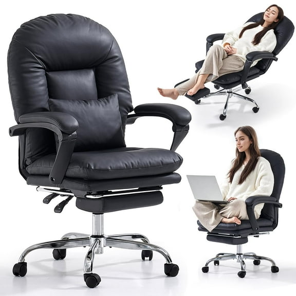 EMIAH Office Chair with Foot Rest Criss Cross Chair with Wheels Ergonomic Reclining Executive Office Chair Mid Back Genuine Leather Swivel Computer Chairs Lumbar Support for Home Office (Black)