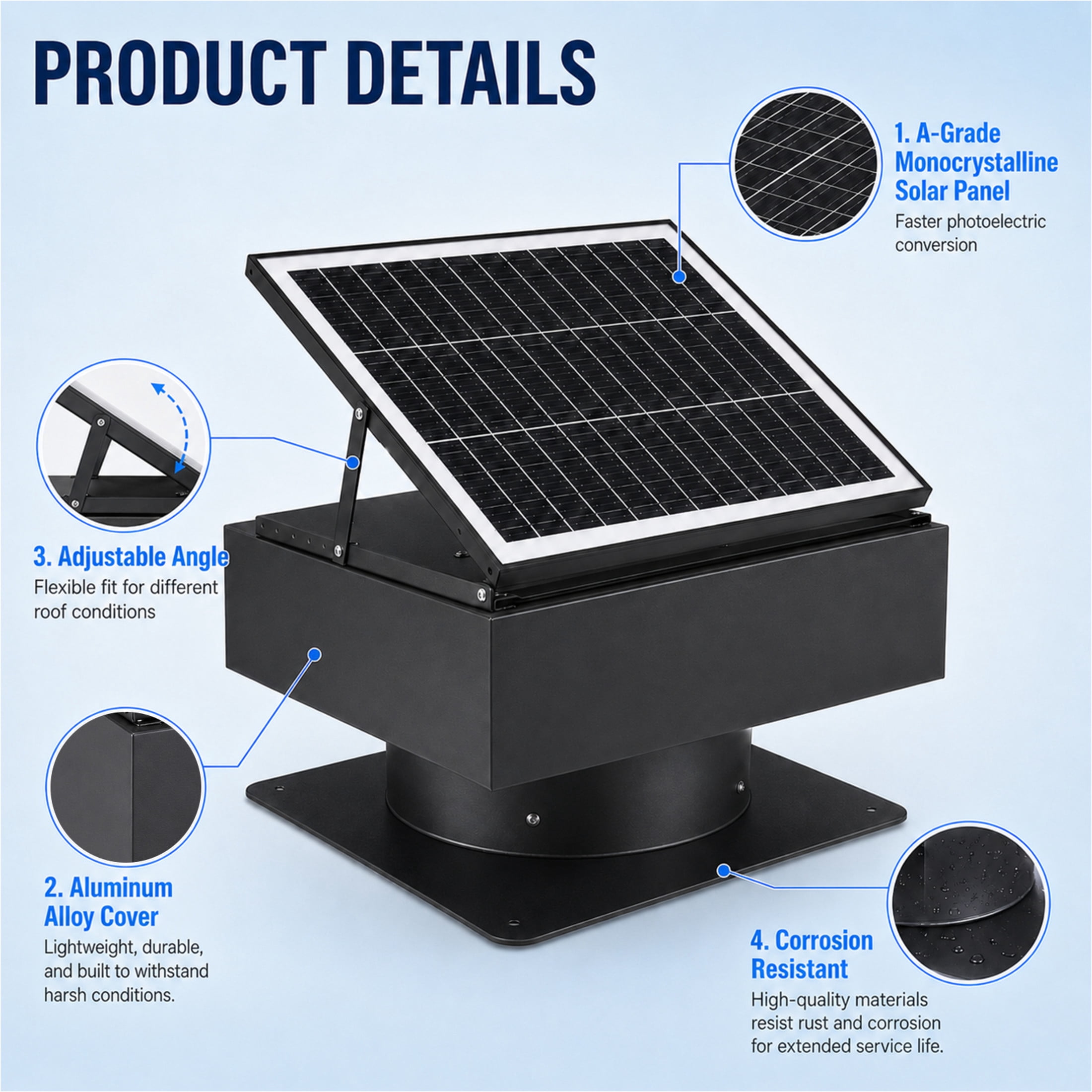 Noble House 14" Adjustable Square Solar Roof Exhaust Fan, 60W Dual Power High Airflow Ventilator for Attics, Black
