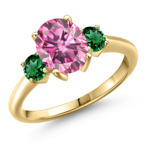 Gem Stone King 10K Yellow Gold Pink Moissanite and Green Nano Emerald Engagement Ring for Women | 2.60 Cttw | Oval 9X7MM | Gemstone Birthstone | Size 8