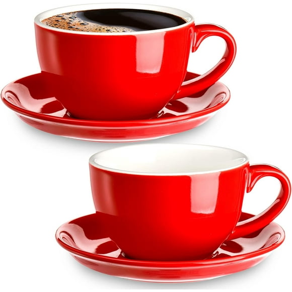 czcpp-2 Pack Ceramic Coffee Cup with Saucer, 8.5 oz Cappuccino Cup Latte Cup, Glossy Red Espresso Cups for Specialty Coffee Drinks, Latte, Cafe Mocha and Tea