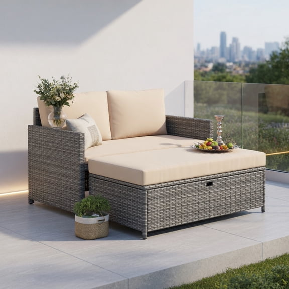 Resenkos Outdoor Wicker Daybed Loveseat with 31-Gallon Storage Ottoman – Gray PE Rattan & Beige Cushions for Patio, Backyard, Balcony