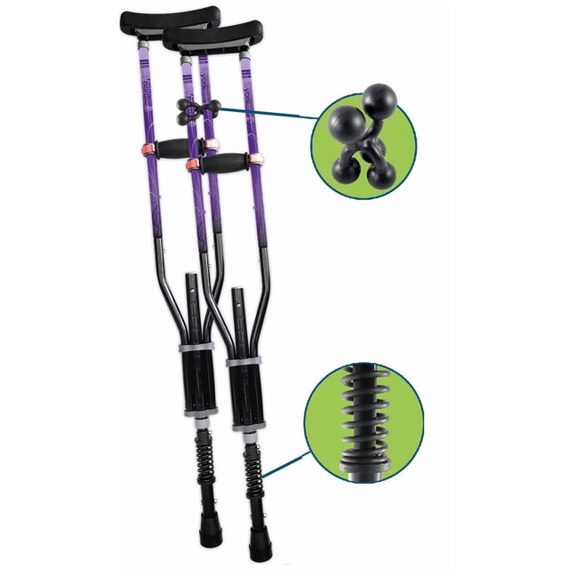 Muletas York Nordic con amortiguación de resortes, ideales para lesiones deportivas y viajes. Alturas de 1,40 m a 1,98 m. Ajuste hasta 56 cm para viajes.
