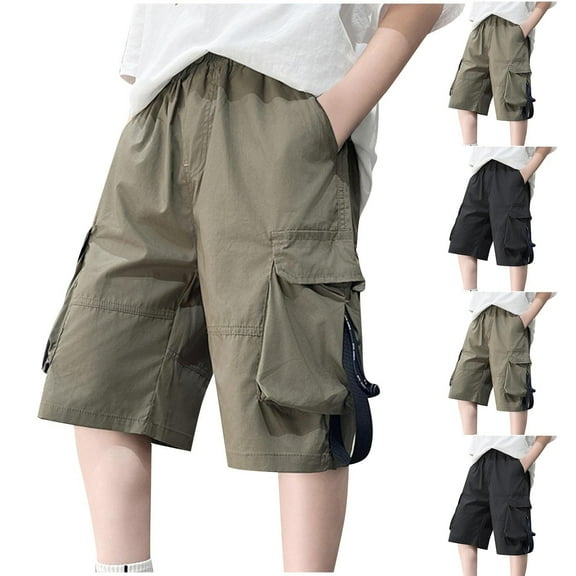 Jinhomg Boys Outdoor Shorts Lightweight Knee Length Cargo Shorts Casual Solid Elastic Waist Short Pants with Multi Pocket Fashion Y2K Streetwear Black 12 Years