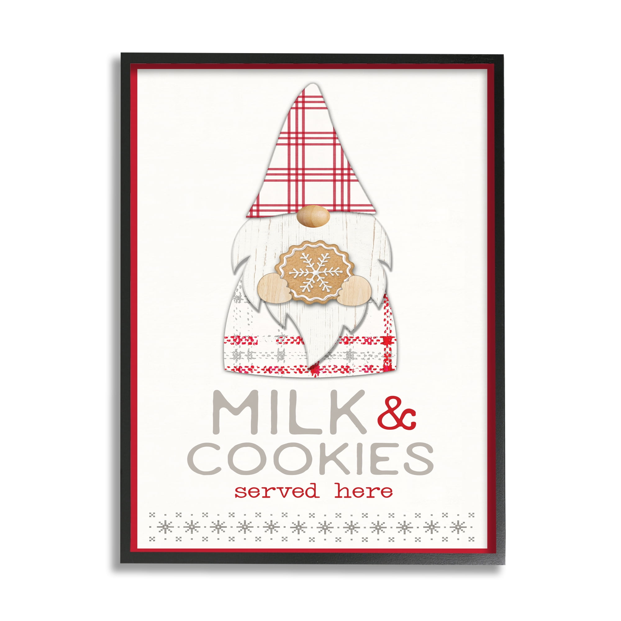 Stupell Industries Milk and Cookies Phrase Christmas Plaid Gnome Fairy Tales & Fantasy Painting Black Framed Art Print Wall Art 11 x 14