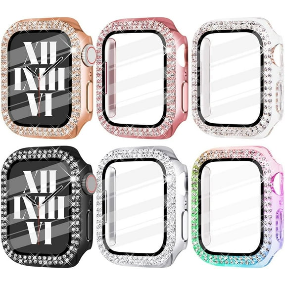 6-Pack Compatible with Apple Watch 41mm Face Covers Series 9 8 7 Crystal Bumper Case with Screen Protector Bling Frame iWatch for Women(41mm, Black/Silver/Rosegold/Pink/Rainbow/Clear)