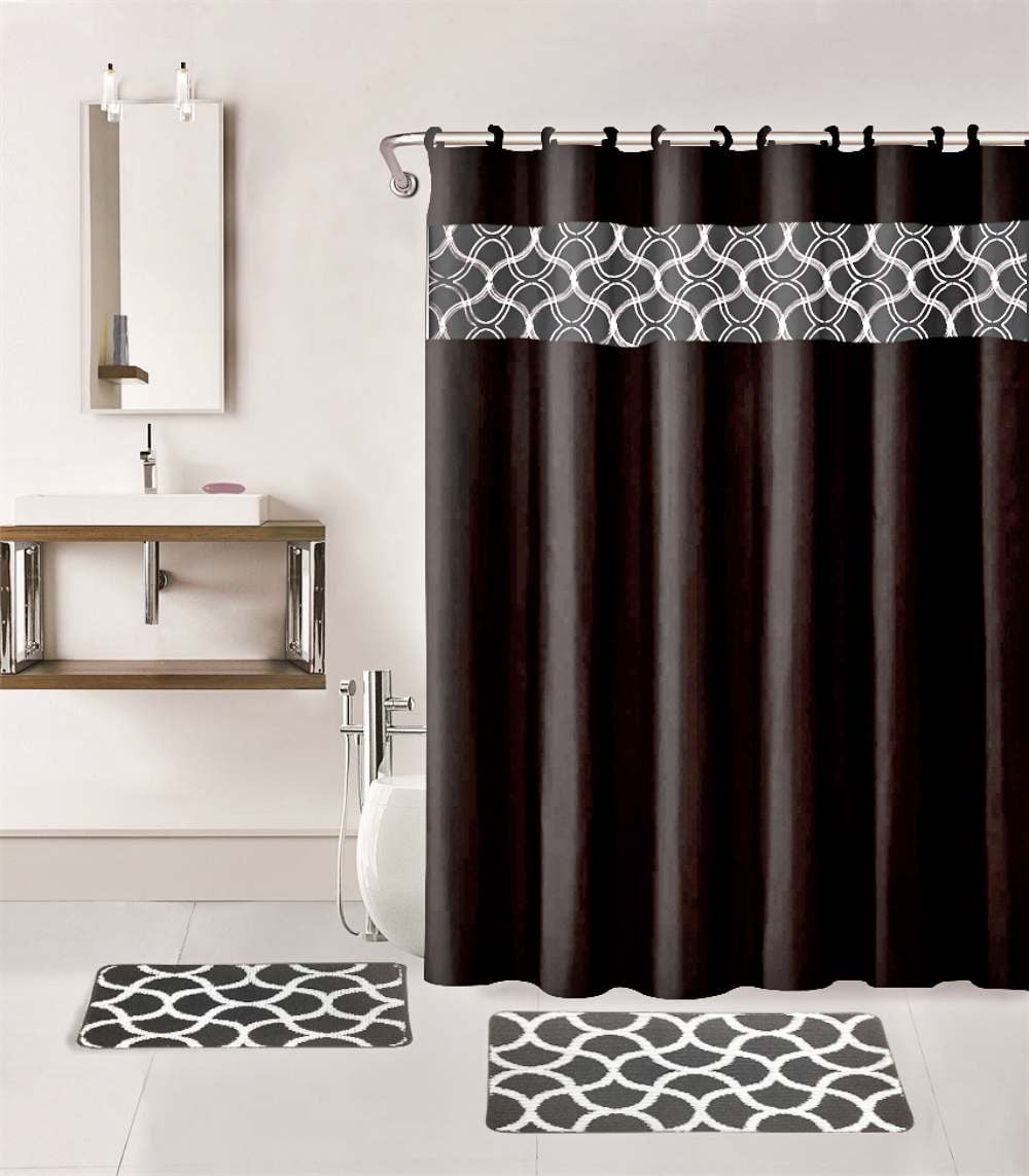 15-Piece Bathroom Set : 2-Rugs/Mats, 1 -Fabric Shower Curtain, 12-Fabric Covered Rings Non Slip Rugs Home Décor Geometric Black