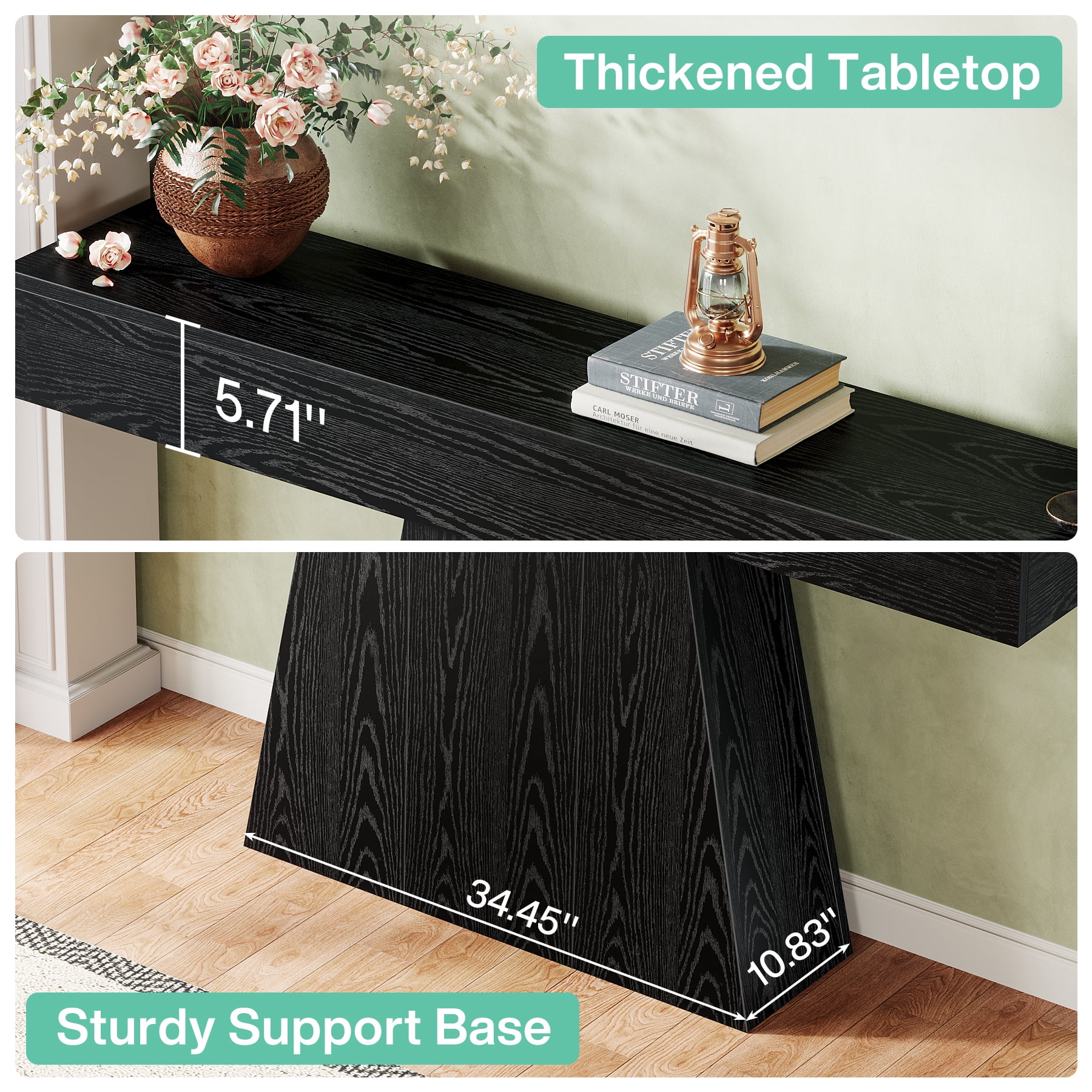 Fnova 63" Farmhouse Console Table, Narrow Wooden Entryway Table, Geometric Base Sofa Table for Living Room, Hallway, Black