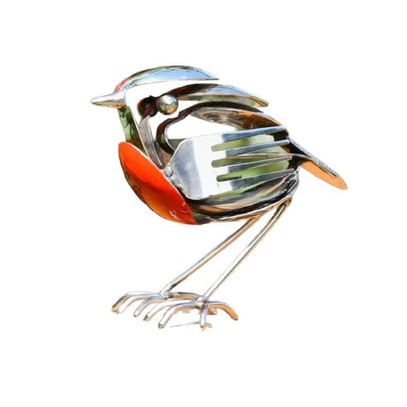 Handmade Metal Robin Bird Sculpture, Upcycled Cutlery Art Statue, Rustic Garden Decor, Recycled Fork & Spoon Bird Figurine, Indoor & Outdoor Ornament (A)