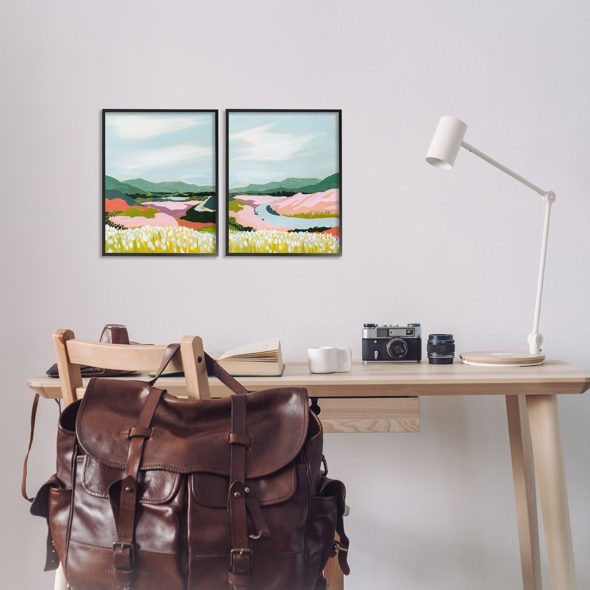 Stupell Industries Mountain Valley Meadow Landscape Painting Black Framed Art Print Wall Art, 11 x 14, Set of 2