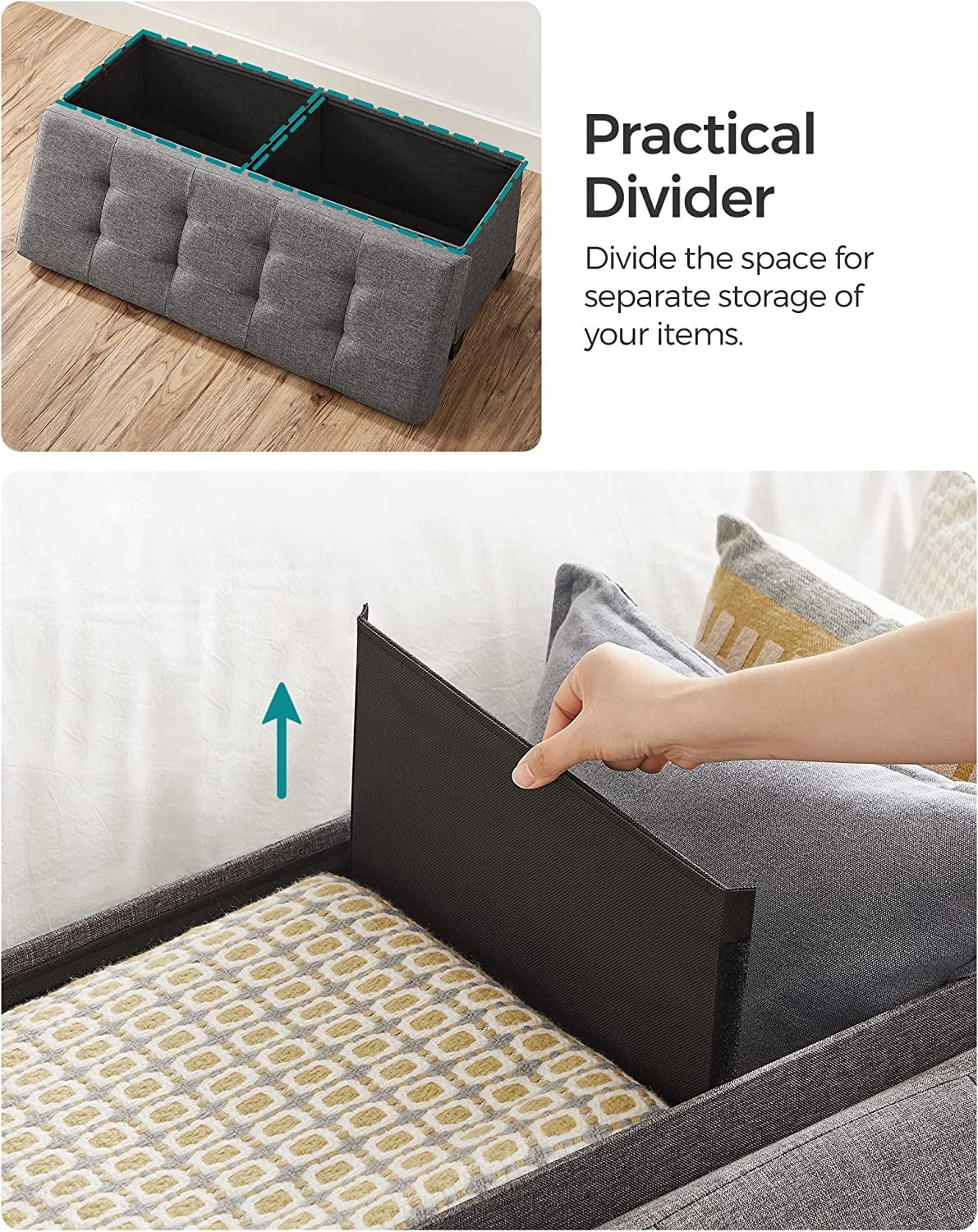 SONGMICS 43.3" Storage Ottoman Bench Ottoman with Storage CoEnd of Bed Storage Holds Up to 660 lb for Living Room Dark Gray